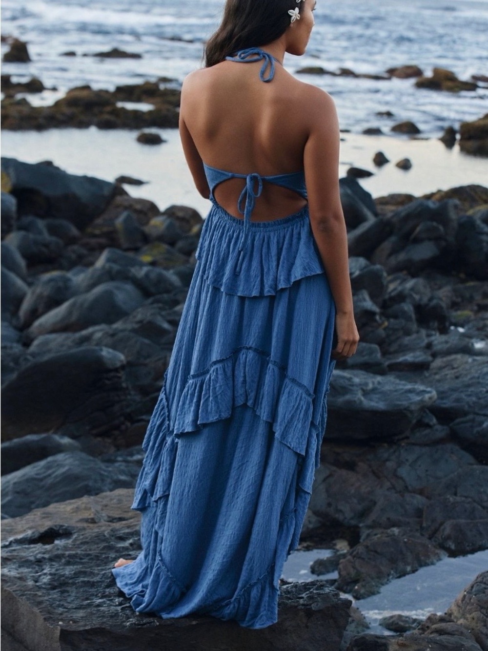 Free People Blue Tiered Halter Tie-Back Maxi Dress